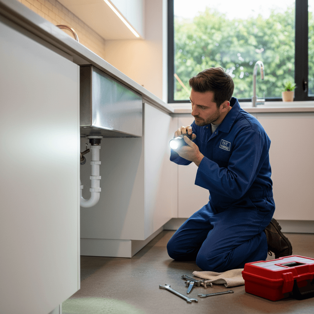 Plumber inspecting pipes under a kitchen sink with a flashlight