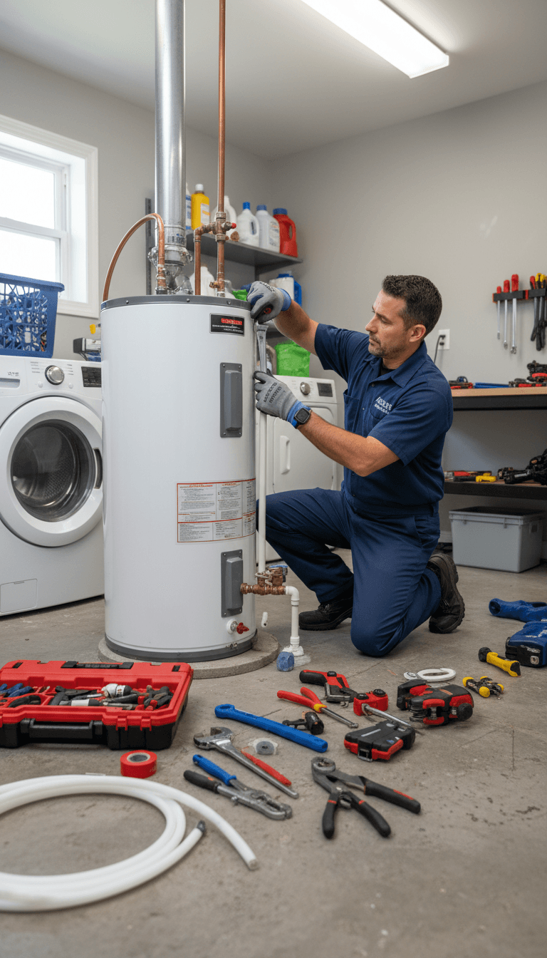 Professional plumber installing a water heater in a residential utility room