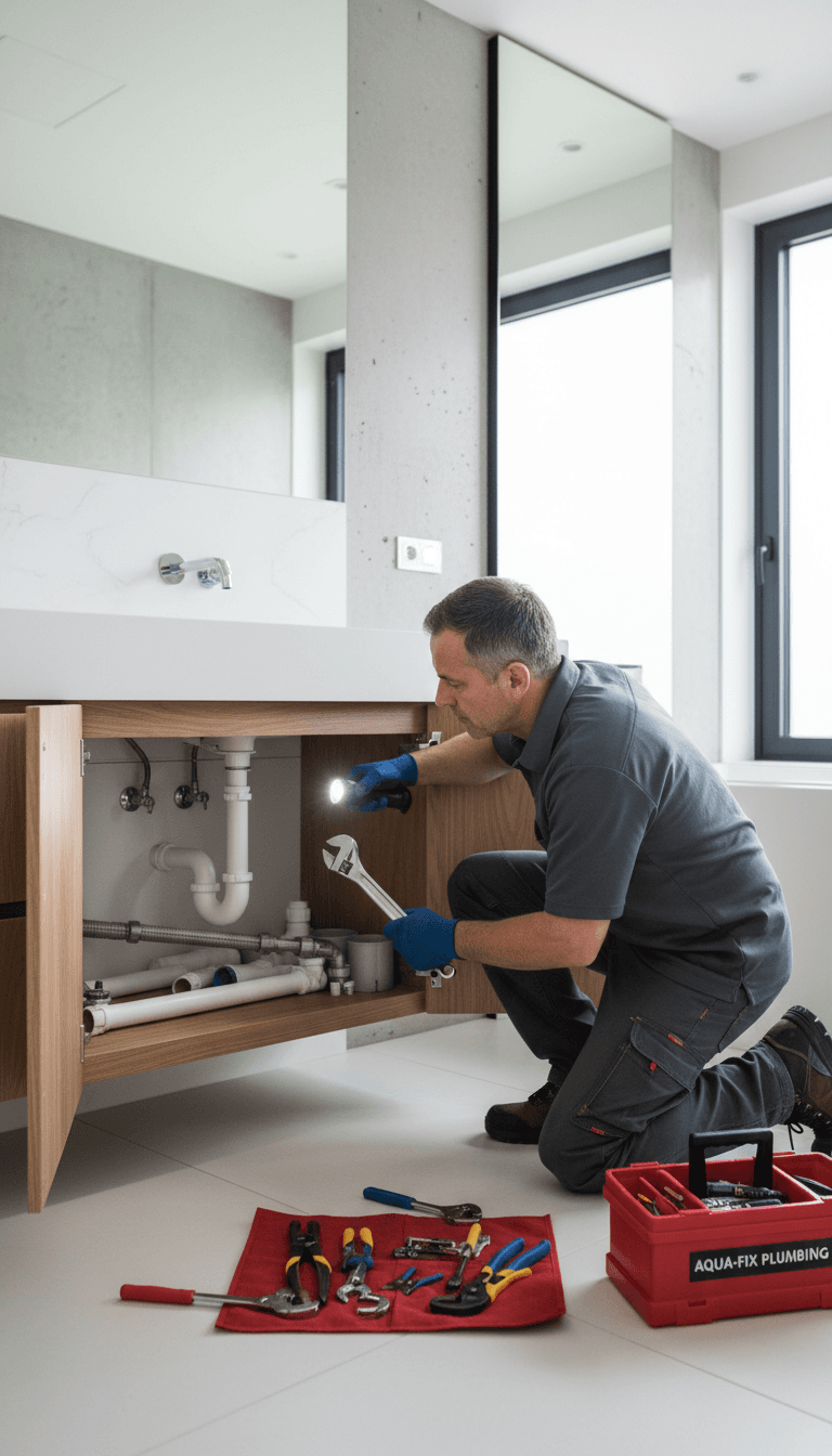 Plumber inspecting pipes under a sink in a modern home