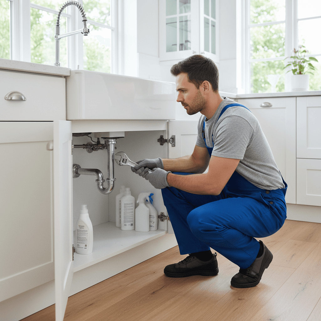 Plumber repairing a sink pipe under a kitchen cabinet