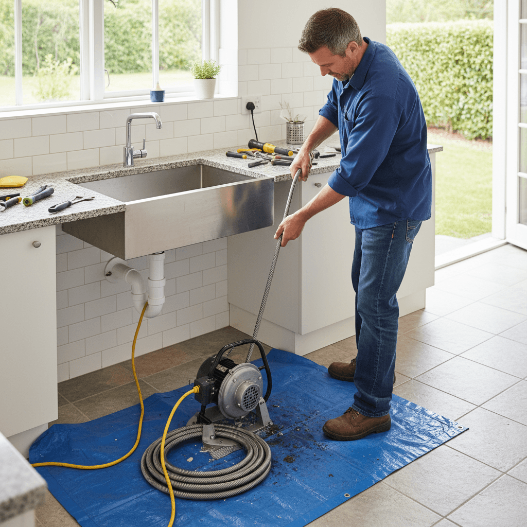 Plumber using a drain snake machine on a kitchen sink
