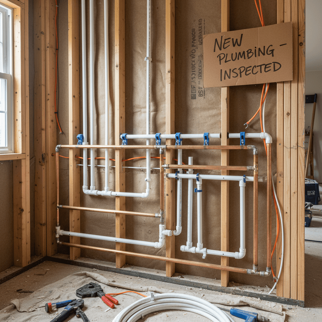 New plumbing pipes installed in an open wall during a home renovation