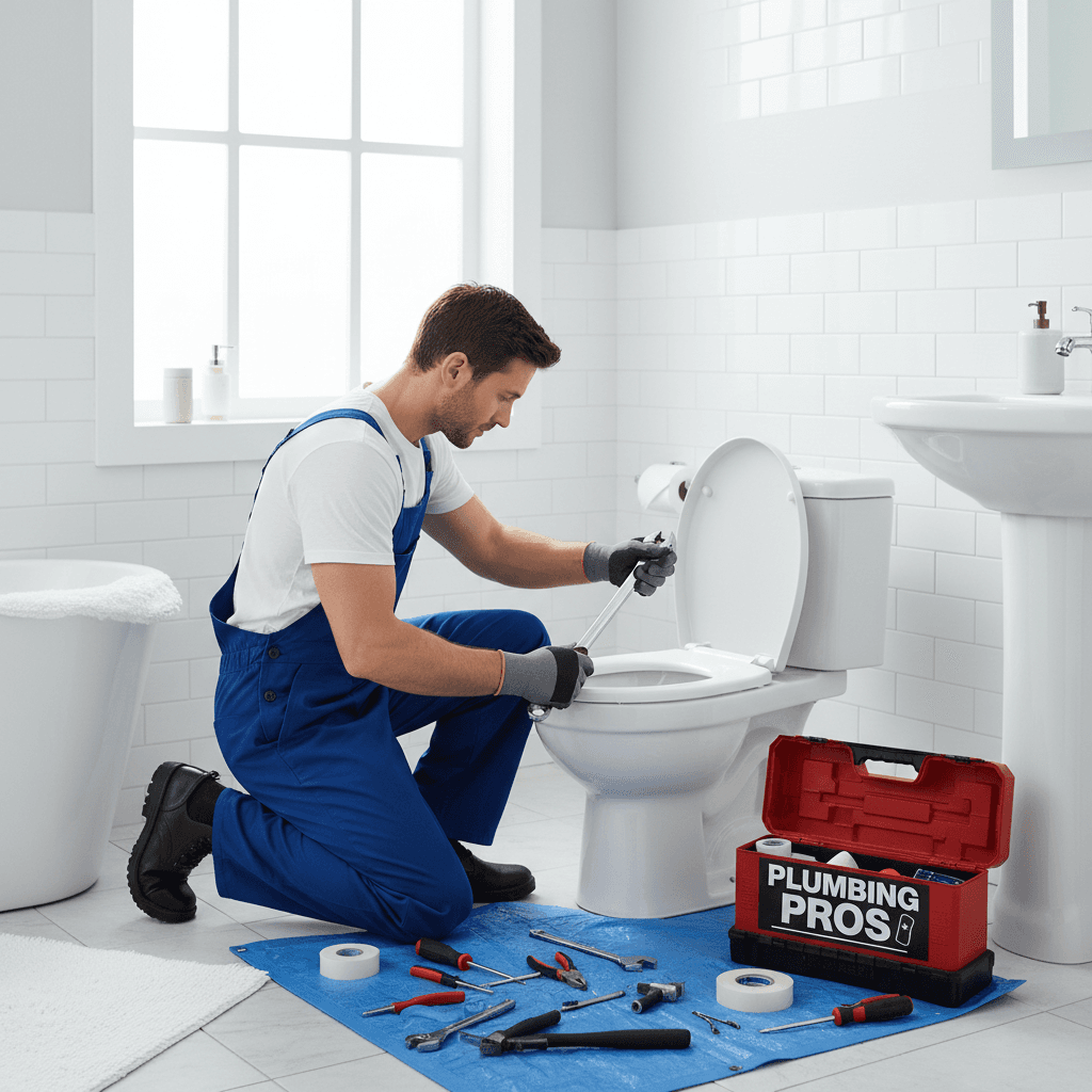 Plumber repairing a toilet tank with tools in a bright bathroom