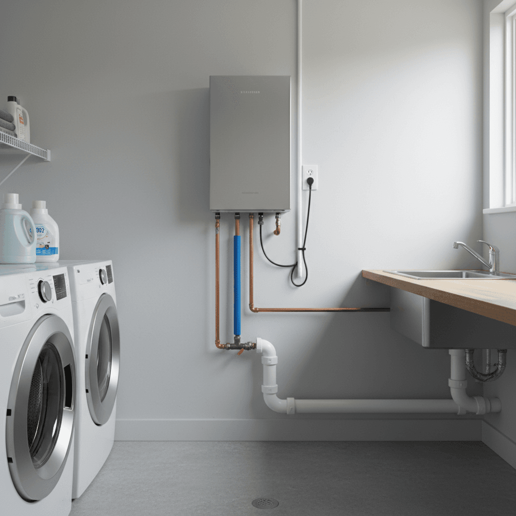 Tankless water heater mounted on a wall in a home utility room