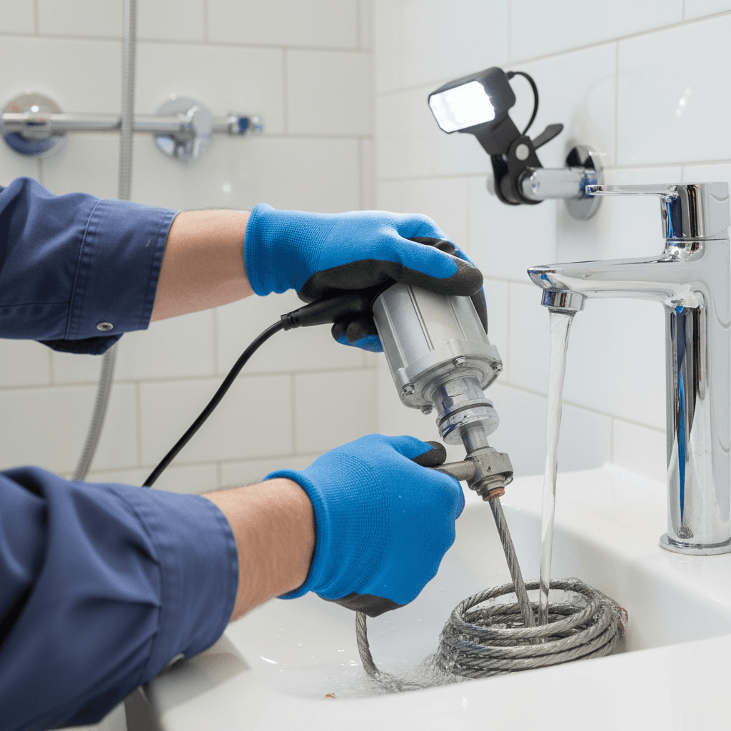 Plumber operating a drain cleaning machine on a residential floor