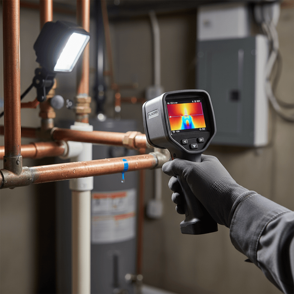Plumber using electronic leak detection equipment on residential pipe