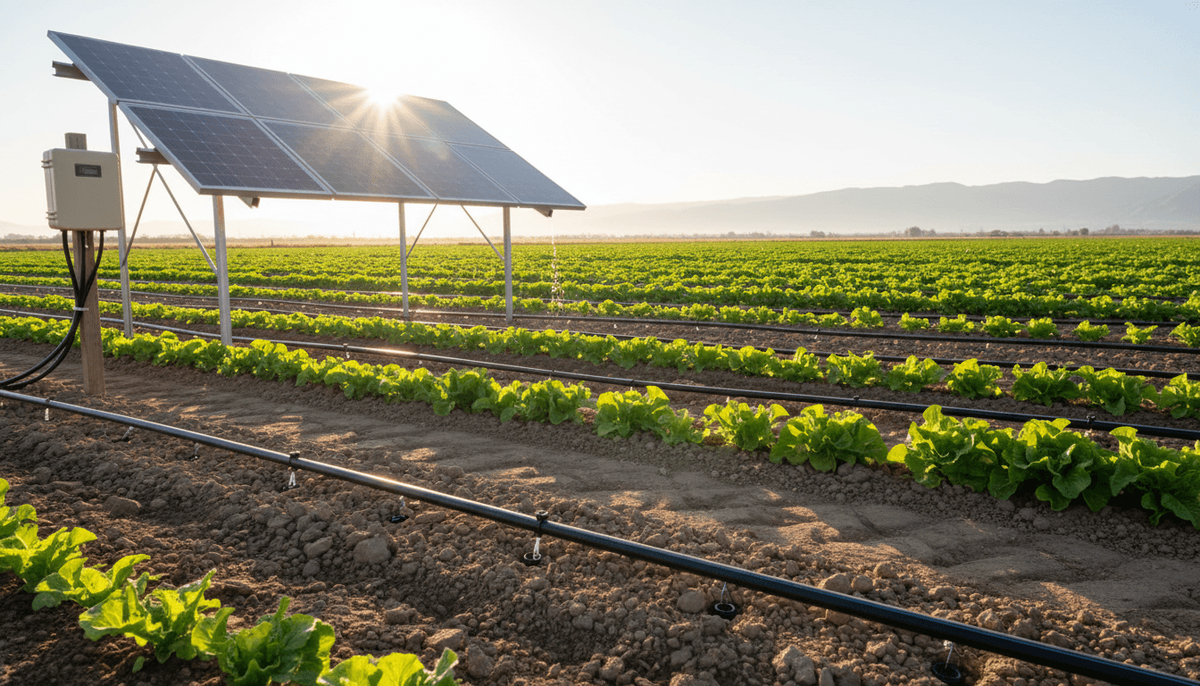 Irrigation sprinklers watering green crop rows on a farm field