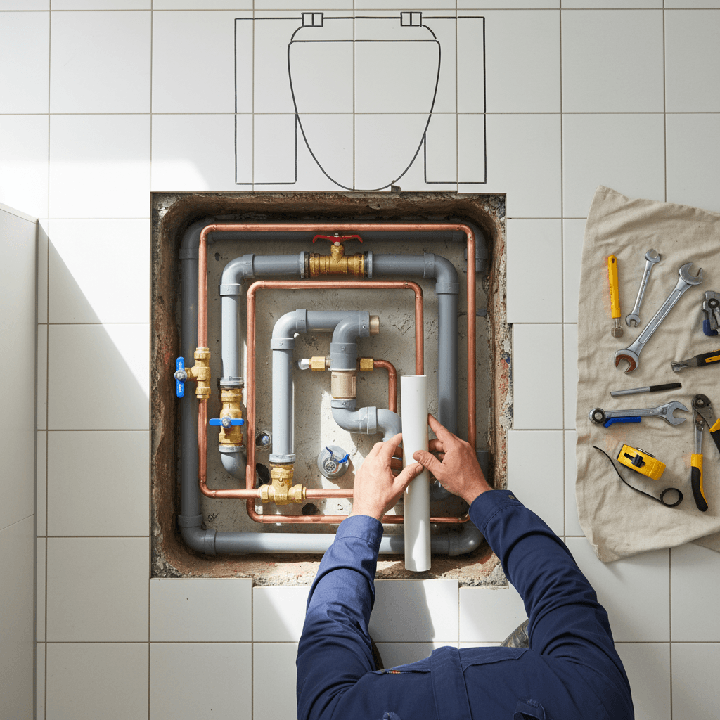 Plumber installing PVC water pipe beside a rural farm building