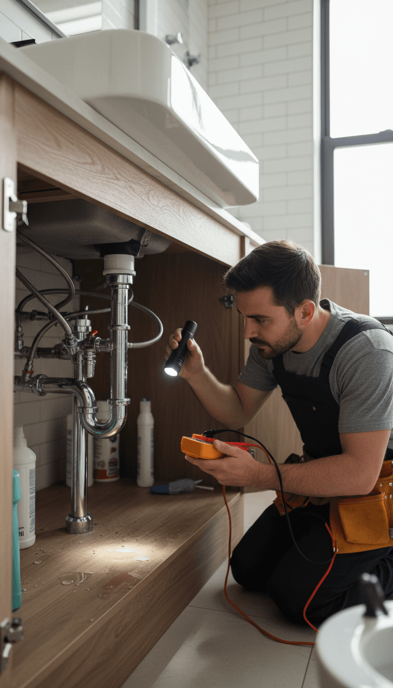 Plumber inspecting pipes in a commercial building