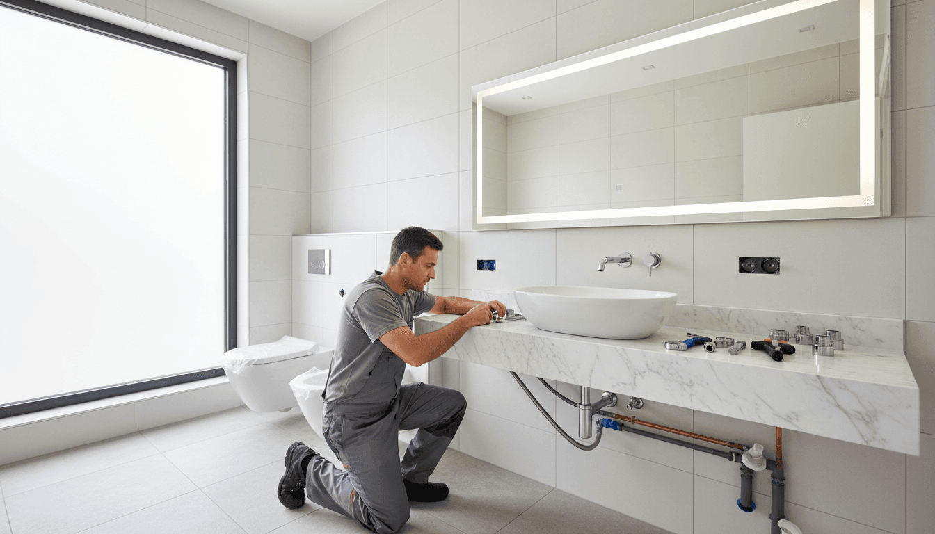 Plumber installing new white toilet in bright residential bathroom