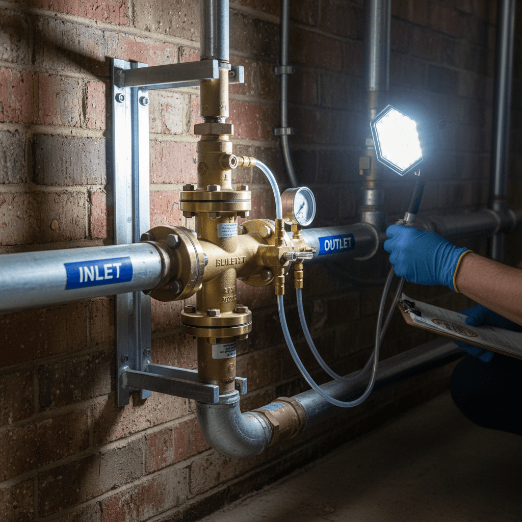 Technician testing a backflow prevention device