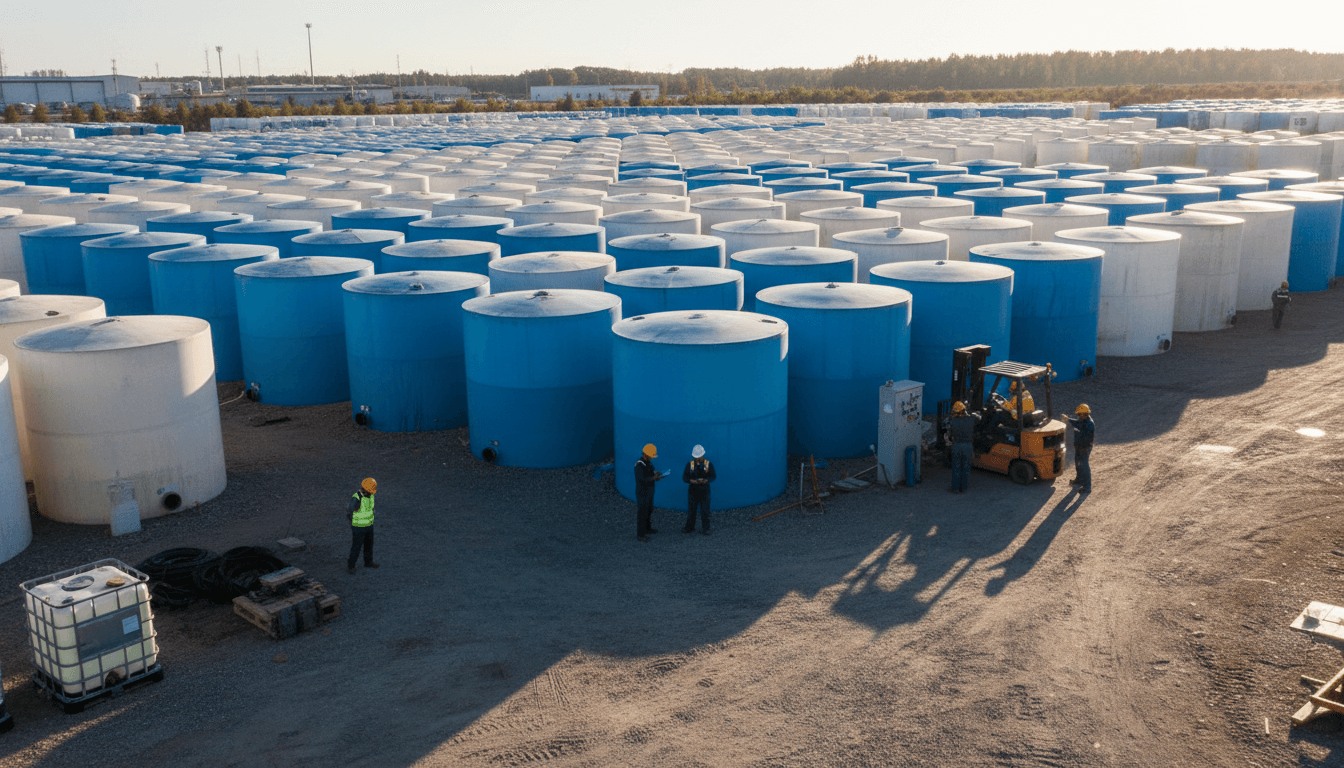 Large metal water storage tank with connected pipes on a farm