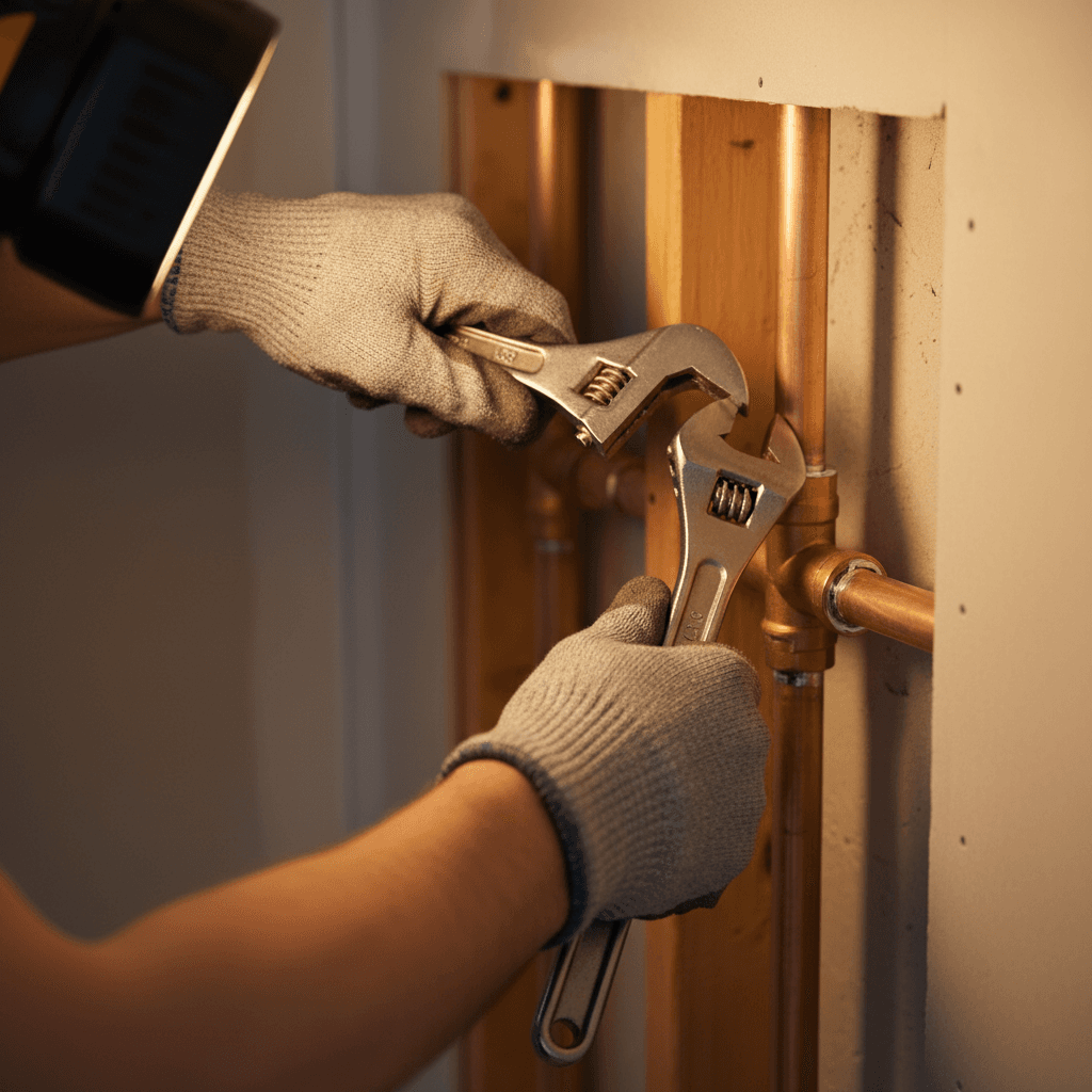 Plumber installing pipes during commercial building construction