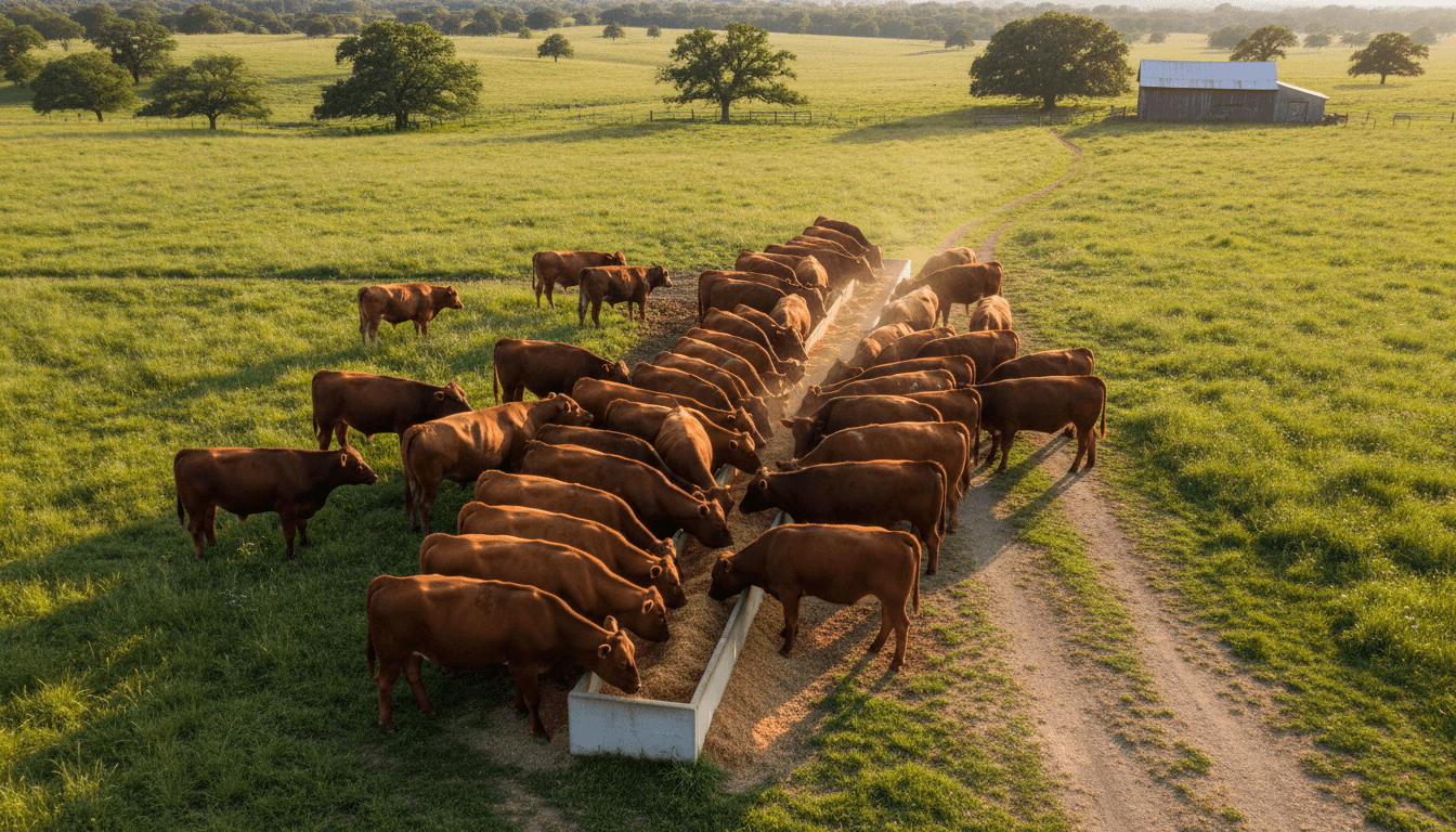 Cattle drinking from an automatic water trough in a farm pasture