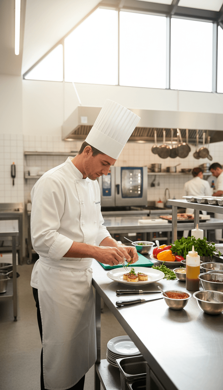 Chef working in a busy commercial restaurant kitchen