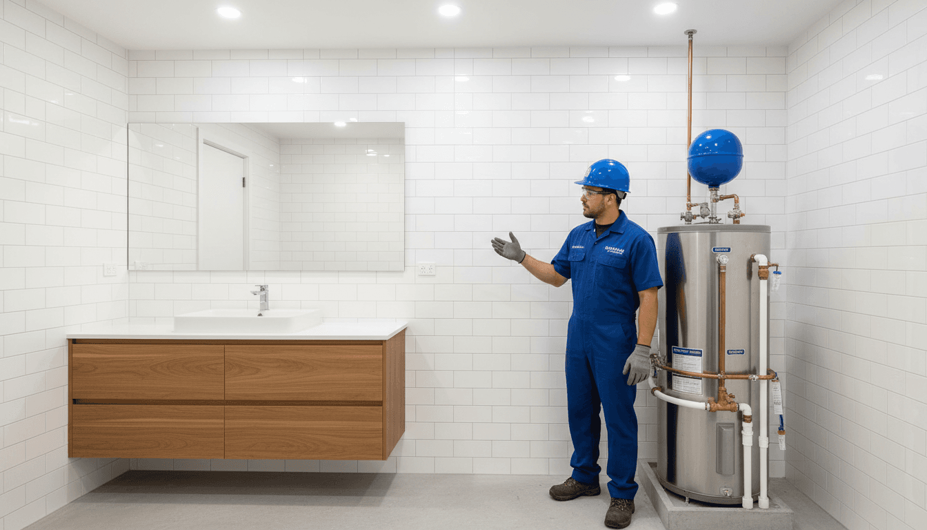 Plumber installing modern water heater tank in home utility room