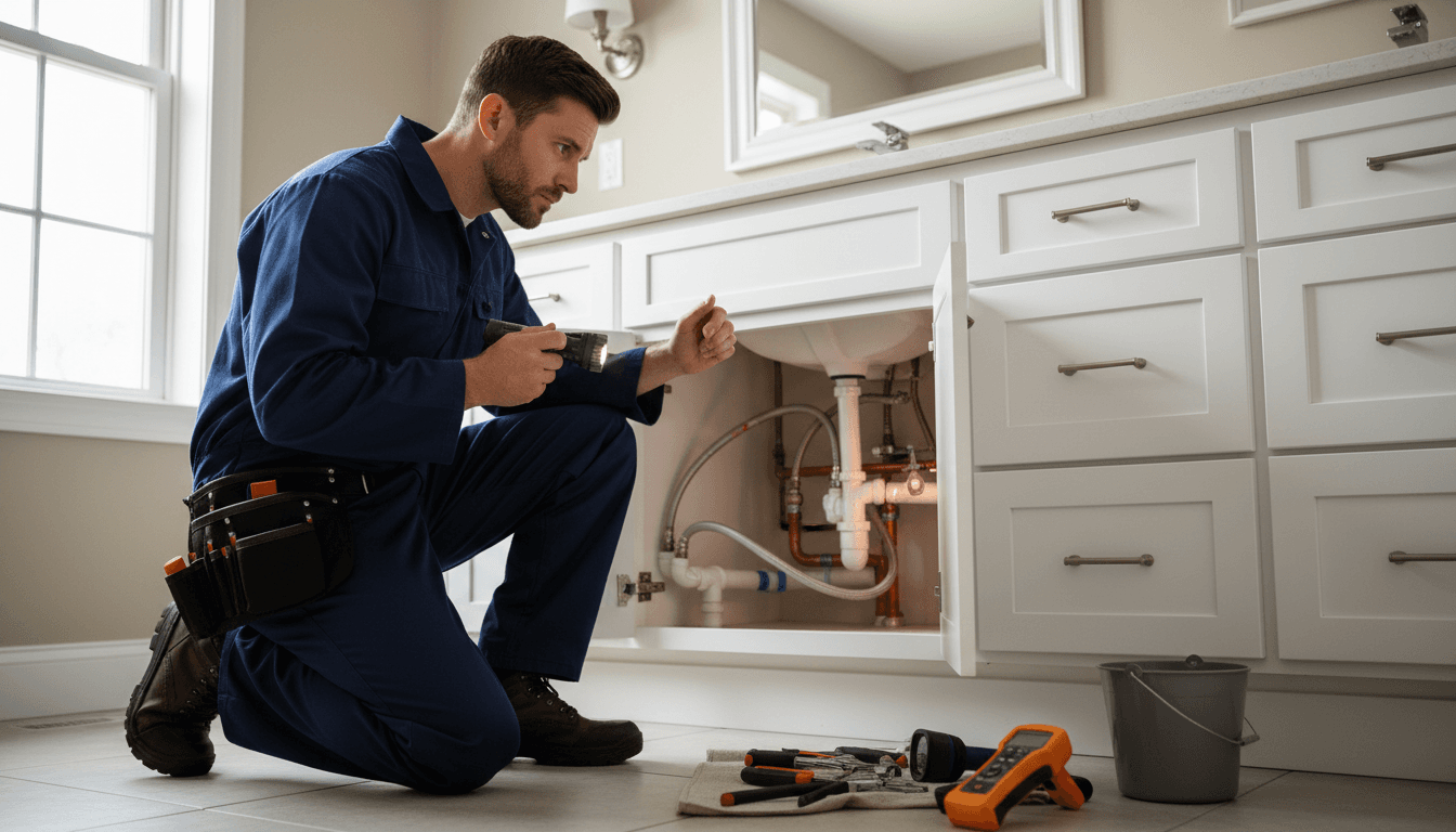 Plumber checking pipes under a sink in a home