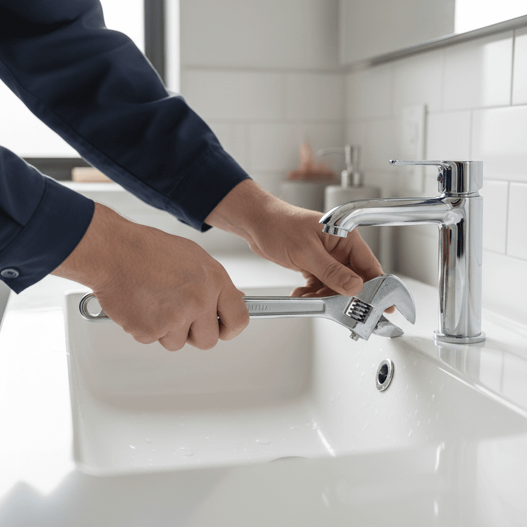 Plumber in work clothes tightening a kitchen faucet with a wrench