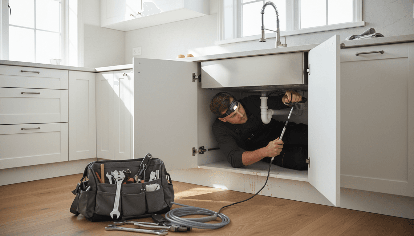 Plumber inspecting residential plumbing pipes with flashlight under sink
