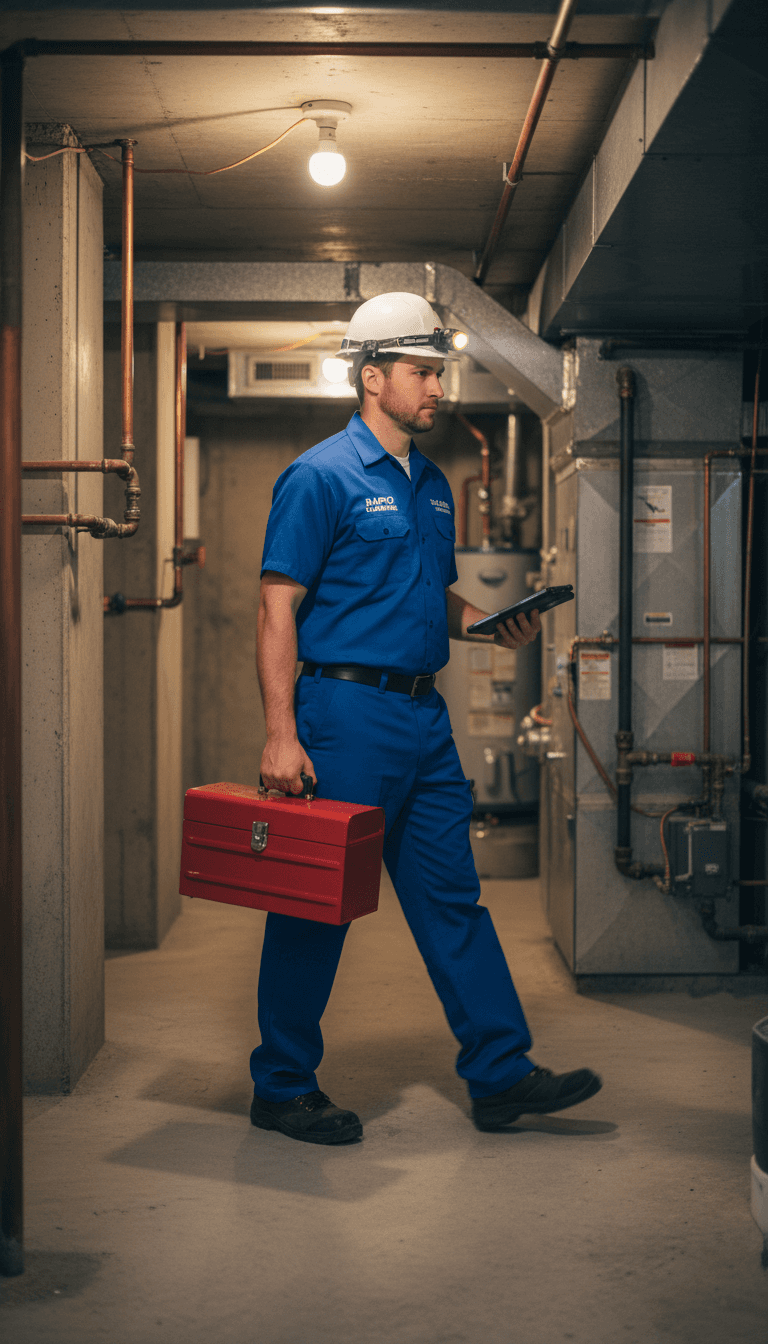Plumber with a toolbox walking toward a house at night