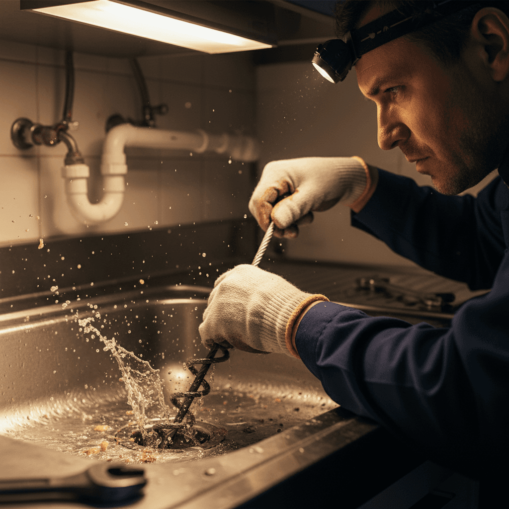 Plumber using drain auger snake machine to clear kitchen sink clog
