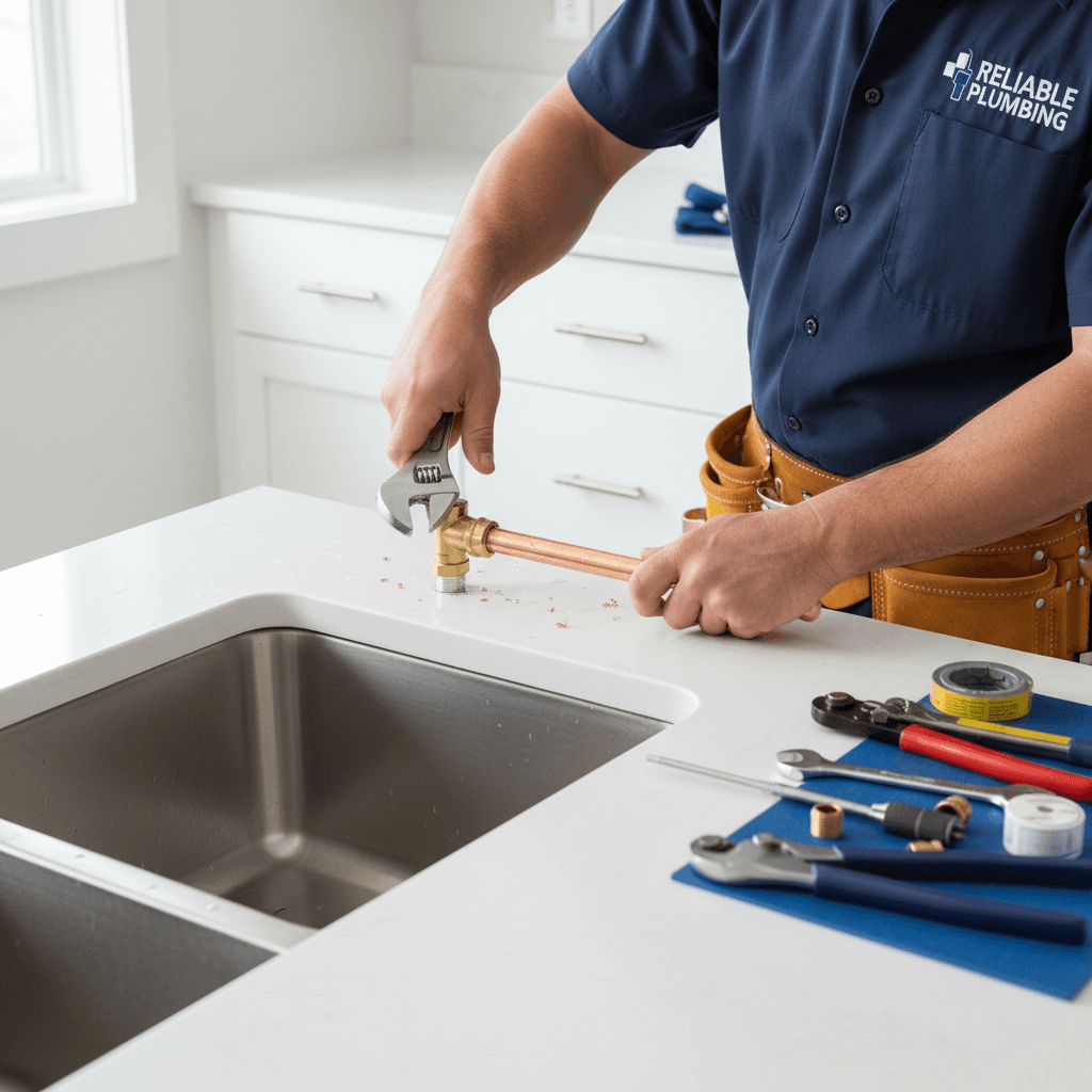 Plumber inspecting pipes under a sink in a home
