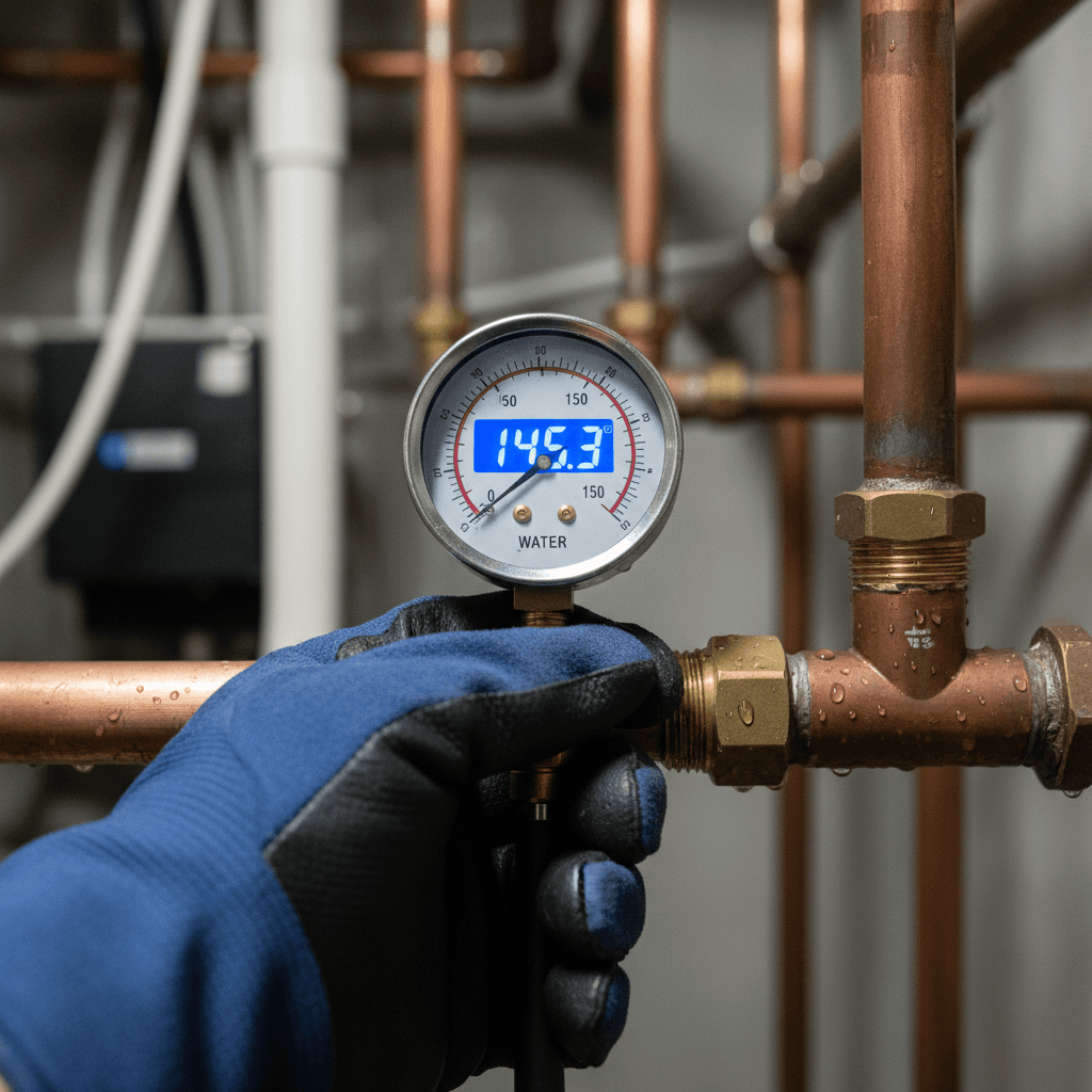 Water pipes and pressure gauge inside a dairy barn facility