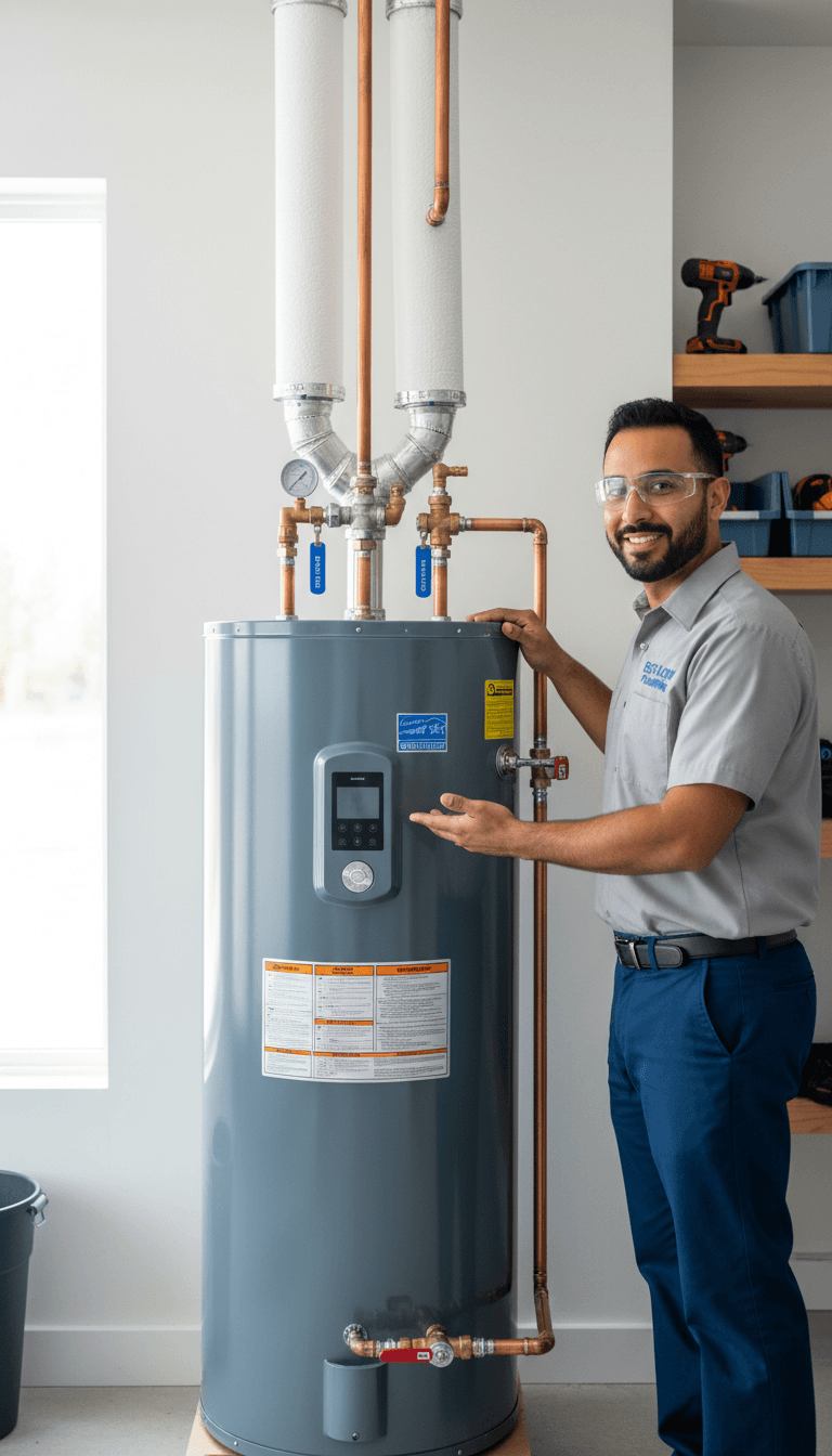 Technician connecting pipes to a modern water heater in a utility room