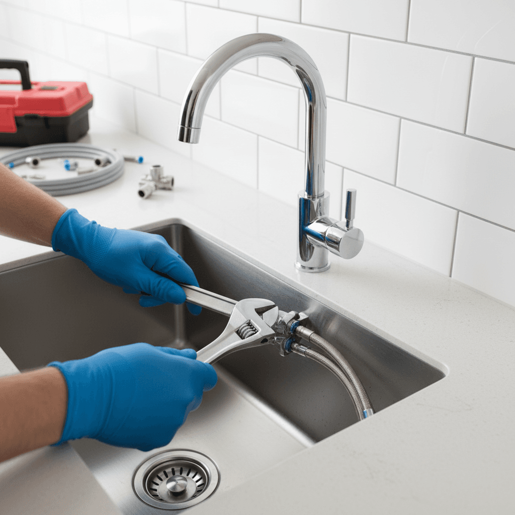 Modern kitchen faucet being installed by professional plumber